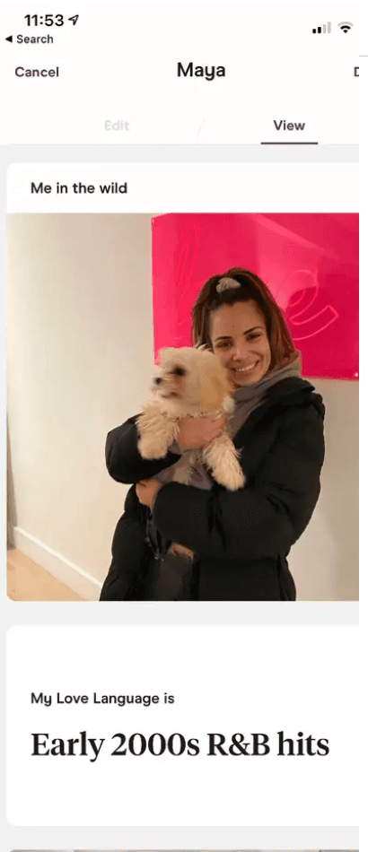 Hinge profile photo with dog and prompt